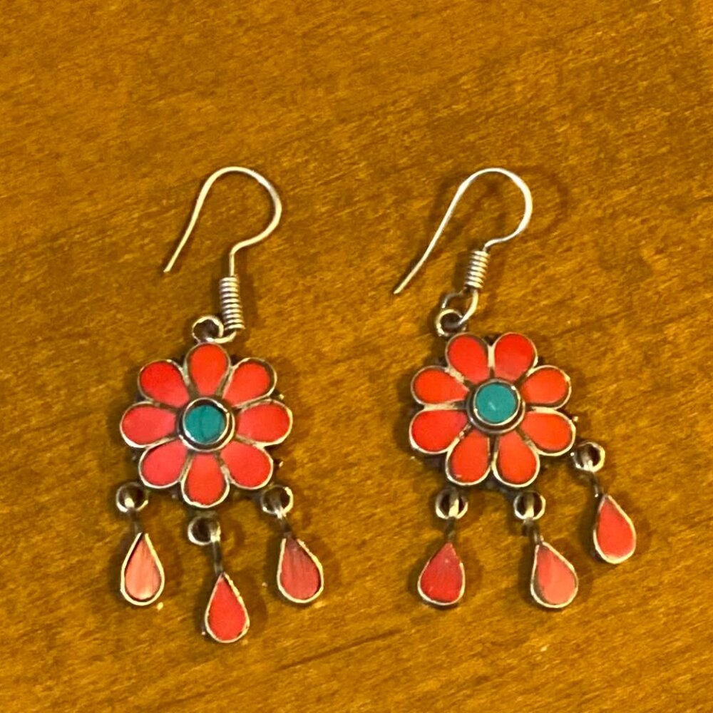 925 Sterling Silver Red Coral & Turquoise Floral Dangle Earrings.